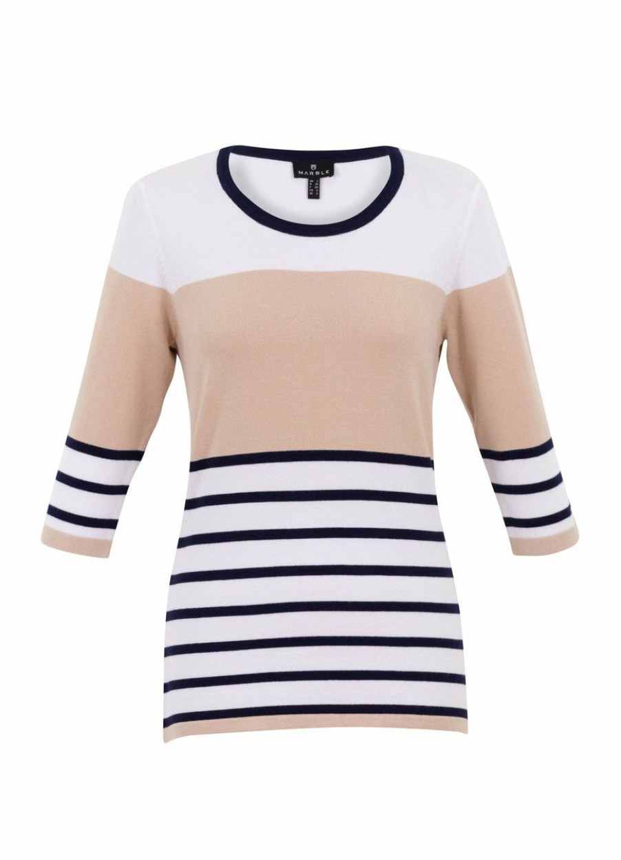 * Online Sales Marble Classic Block Stripe Sweater Taupe Tops